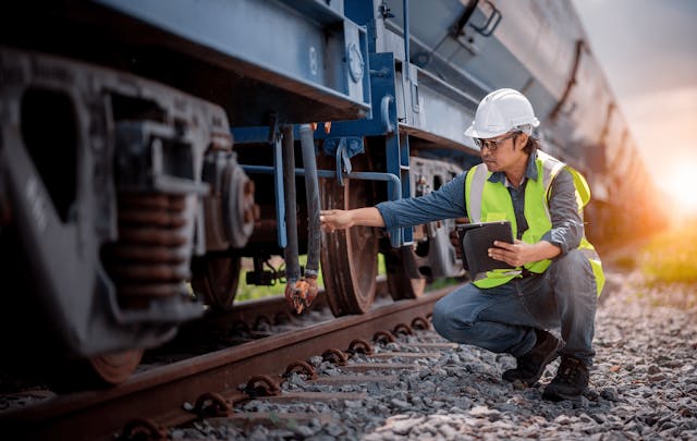 A imagem mostra um maquinista verificando elementos de um trem sobre trilhos